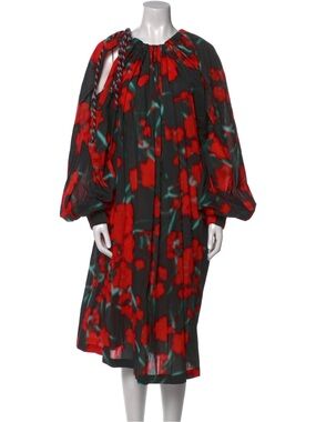 NWT Dries Van Noten Durala Black Midi Dress with Red Floral Print Small